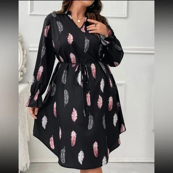 Boho Plus Size Feather Print Flounce Long  Sleeve Dress - Picture 4 of 8